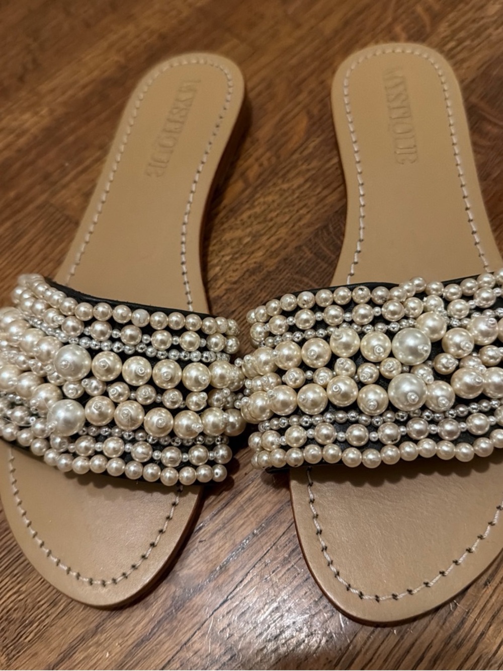 Beaded Pearl Slide Sandals in Beige